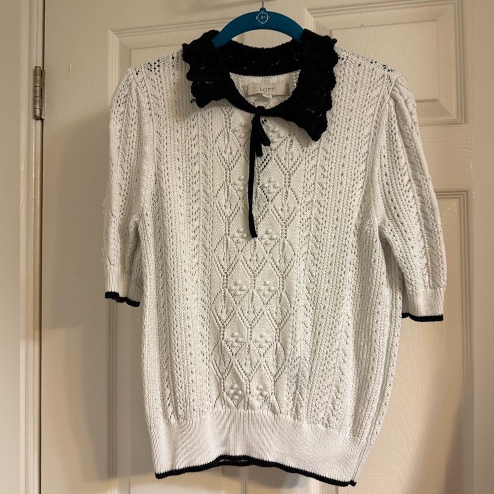 Loft White and Black Women's Sweater with Lace Collar